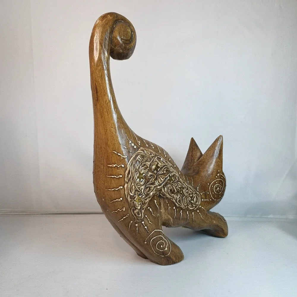 Vintage Hand Carved Wood Stretching Cat Feline From Indonesia 10.5